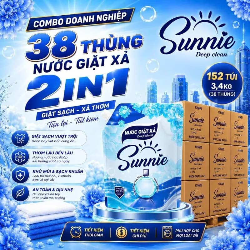 HỖ TRỢ PHÍ SHIP TỐI ĐA 1 TRIỆU- COMBO 38 THÙNG NƯỚC GIẶT XẢ SUNNIE DEEP CLEAN 2IN1 ( 3,4 KG) thumbnail 3